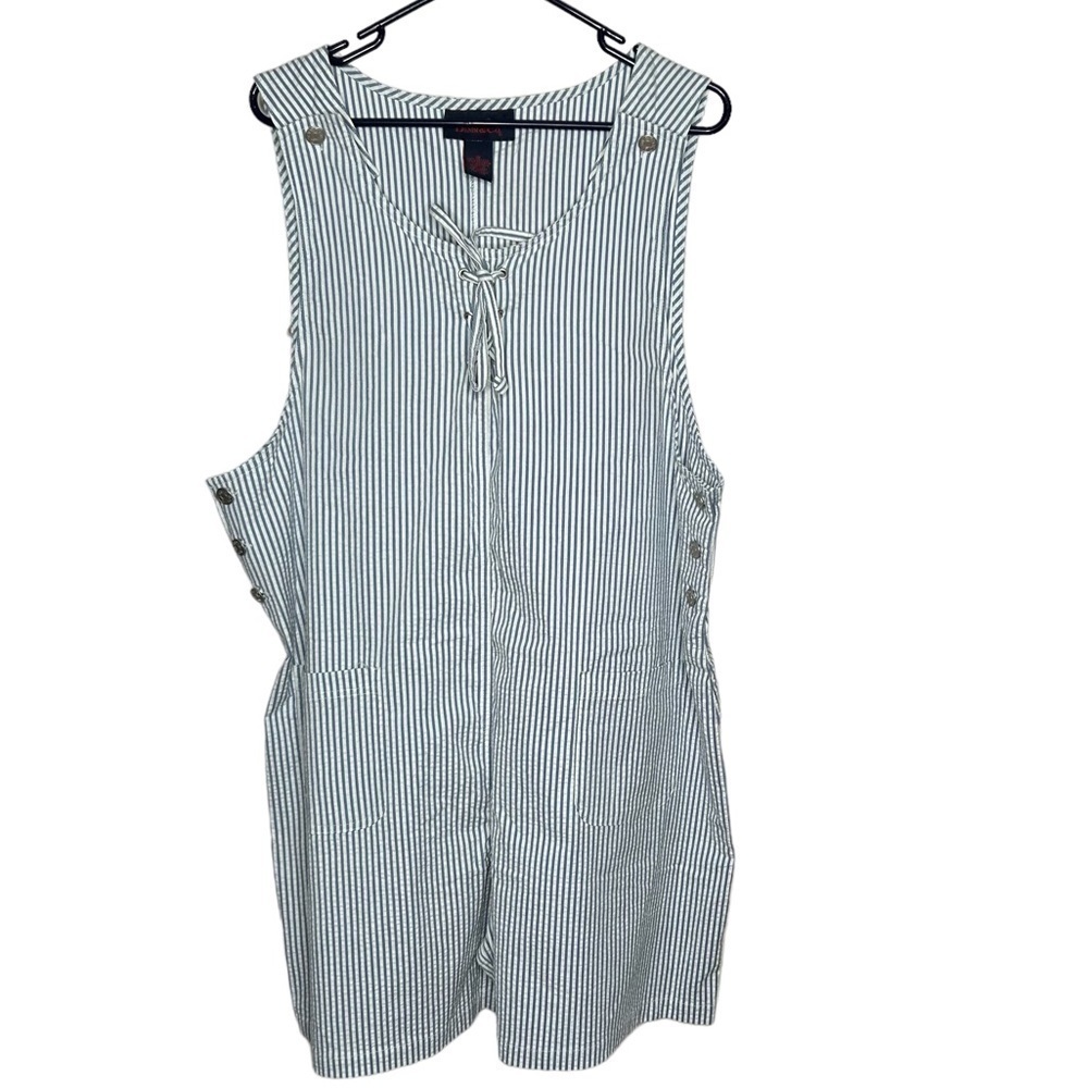Denim & Co. Women's Plus 1X Blue and White Striped SHORTALLS w/Pockets Overalls - Picture 1 of 4
